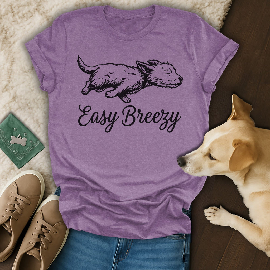 Purple t-shirt with a line drawing of a dog and "Easy Breezy" text.