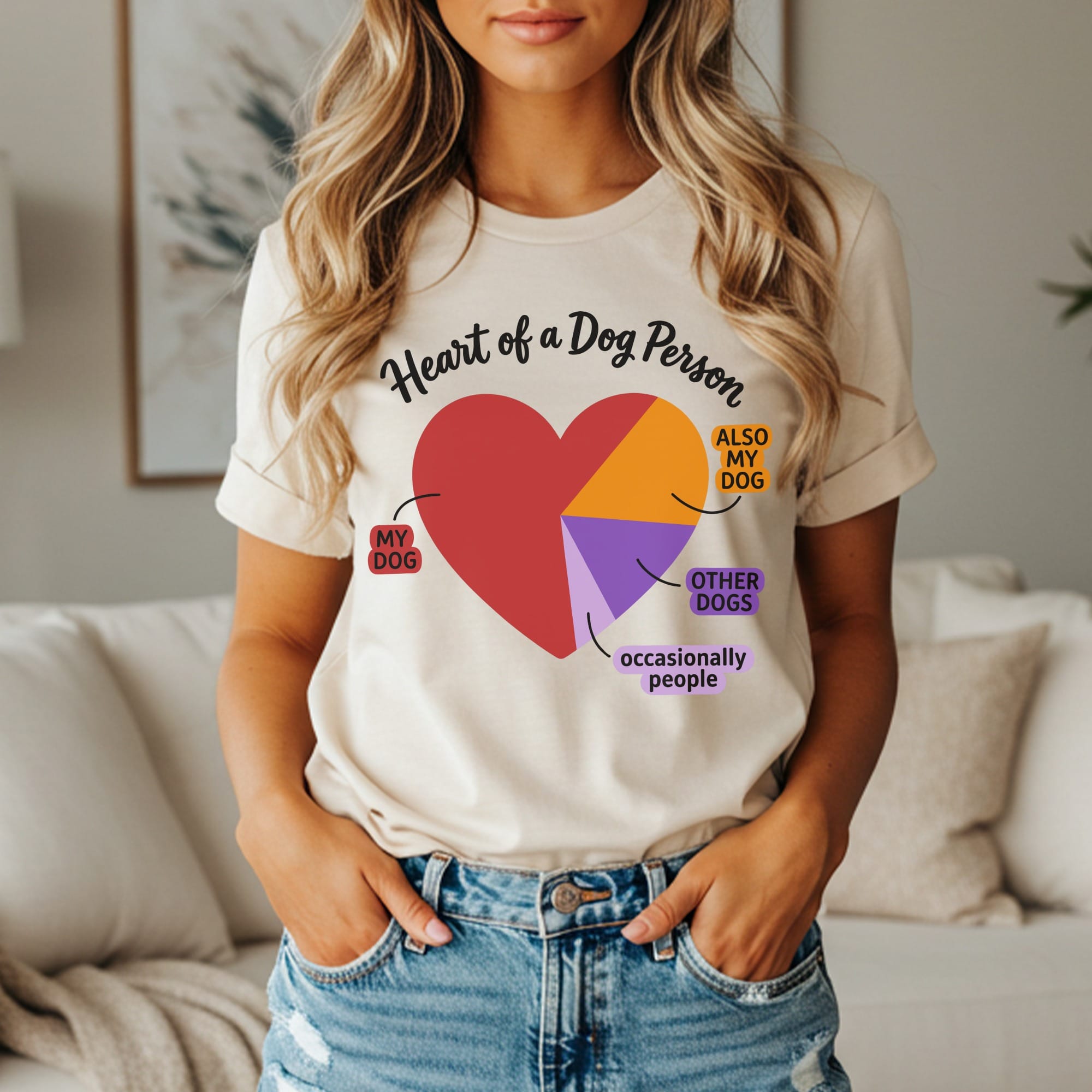 T-shirt with "Heart of a Dog Person" graphic and pie chart including "My Dog", "Also My Dog", "Other Dogs", and "Occasionally People".