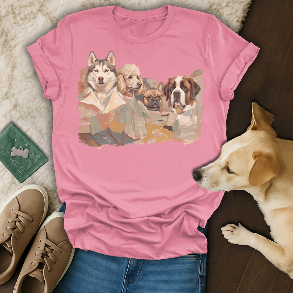 T-shirt with watercolor painting of husky, poodle, bulldog, and St. Bernard.