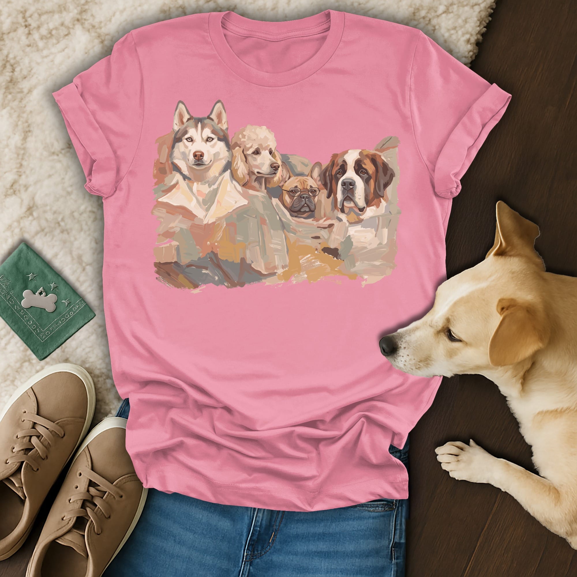 T-shirt with watercolor painting of husky, poodle, bulldog, and St. Bernard.