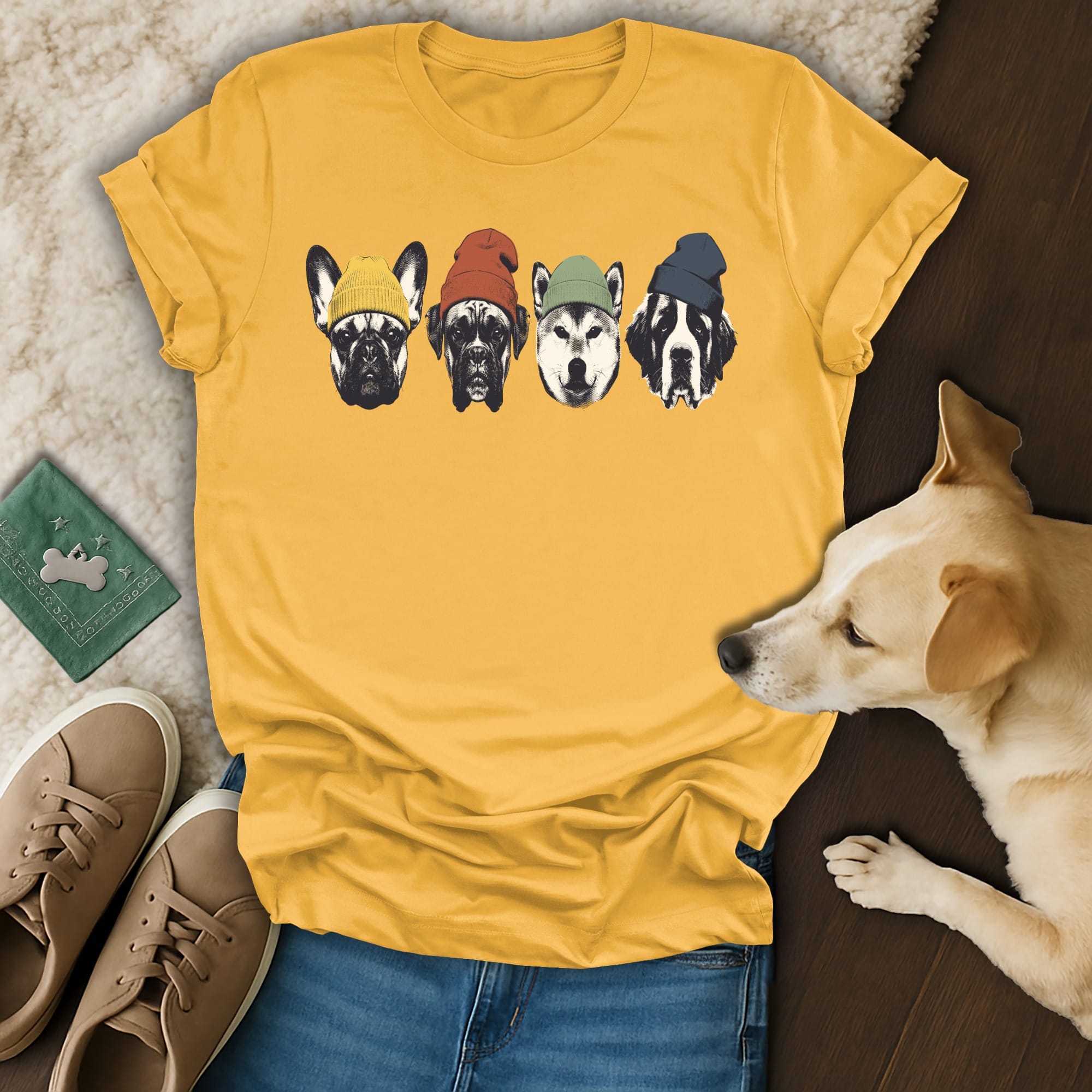 Four dogs wearing colorful beanies on a yellow t-shirt.