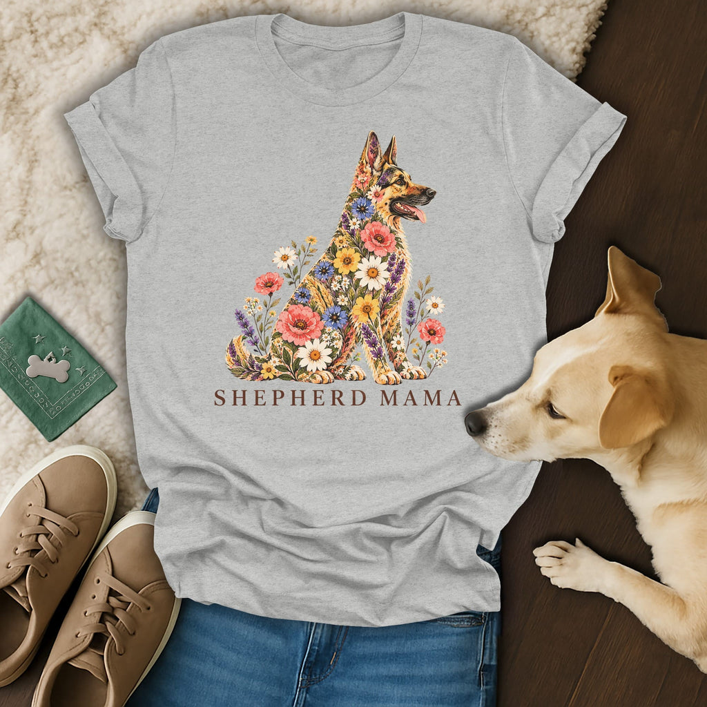 A heather gray t-shirt with a floral German Shepherd illustration and the text SHEPHERD MAMA.