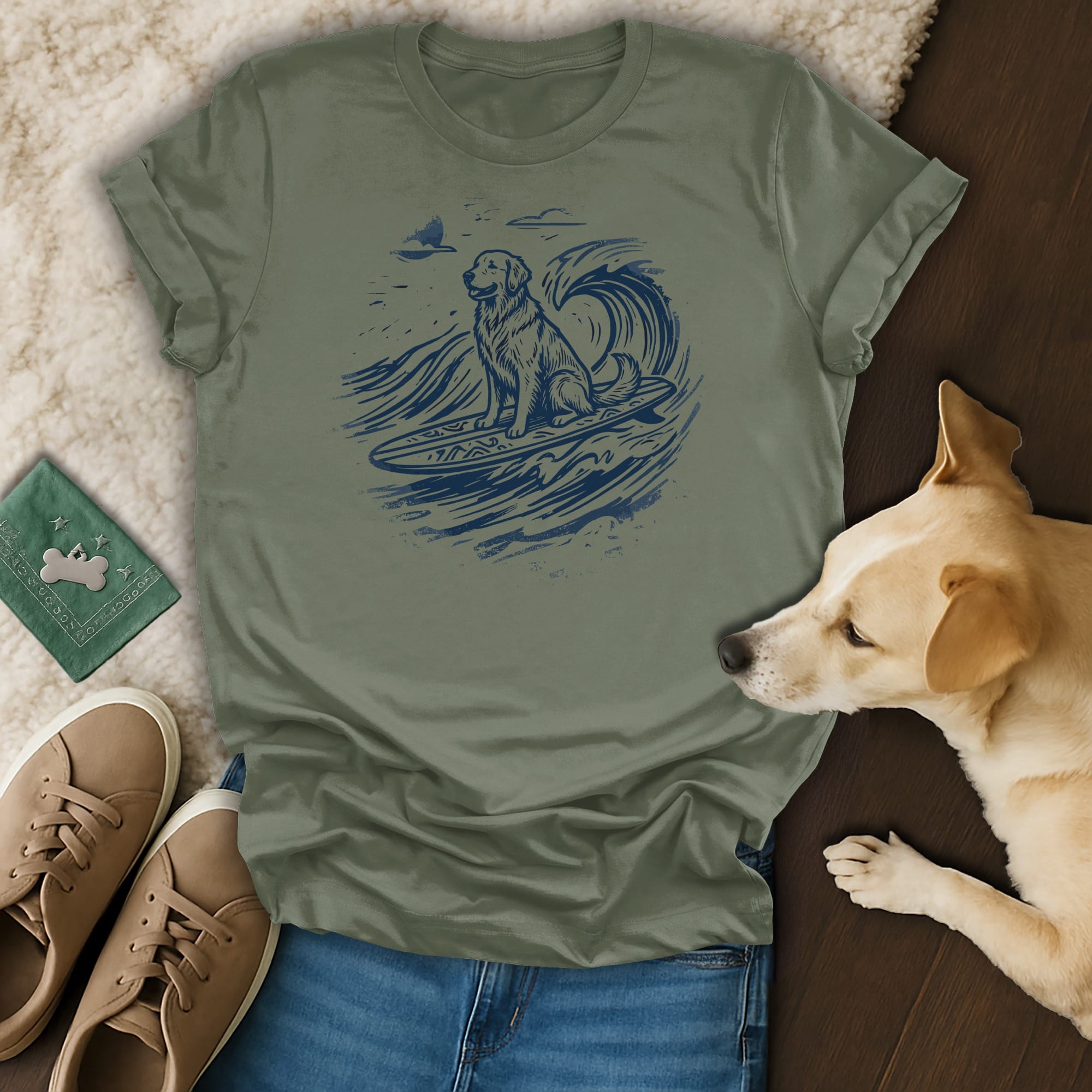 Golden retriever dog surfing on a blue wave, t-shirt design.