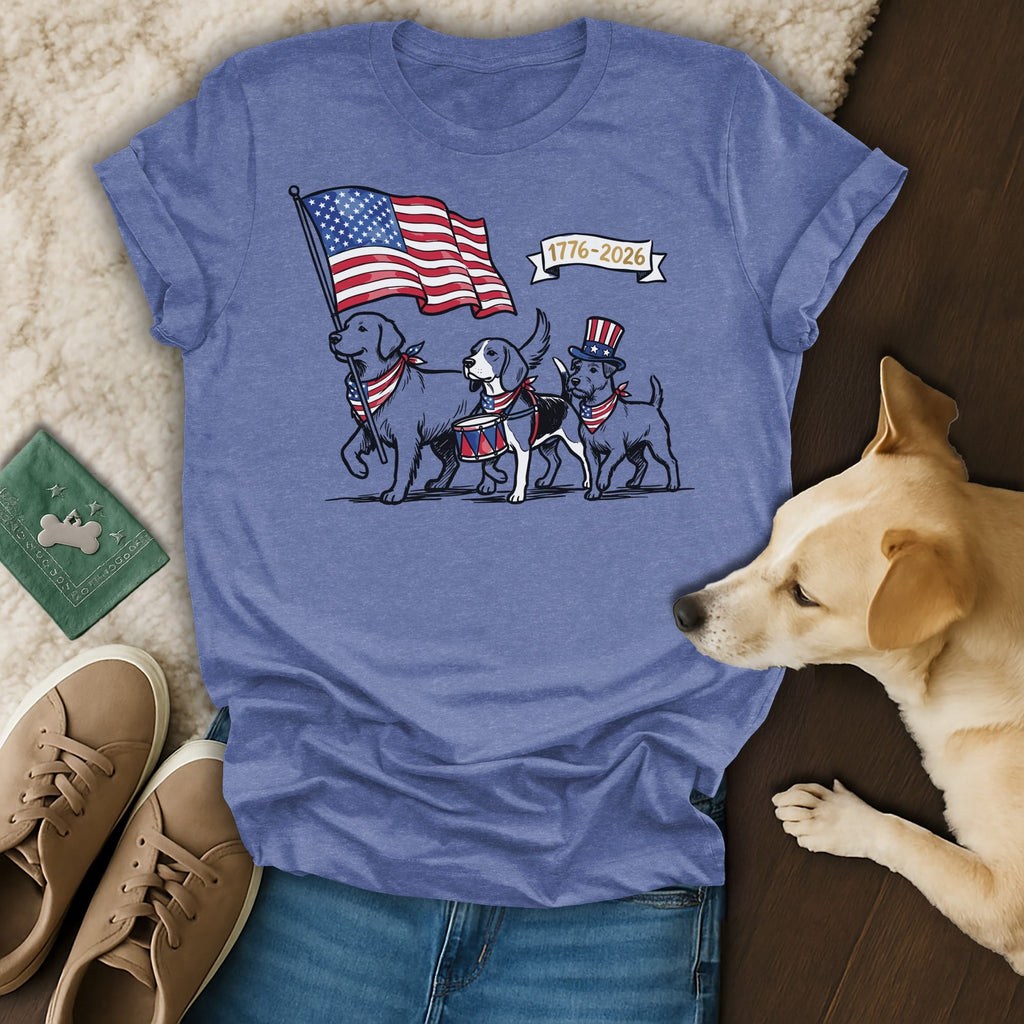 Three dogs in patriotic attire march with a flag and drum.