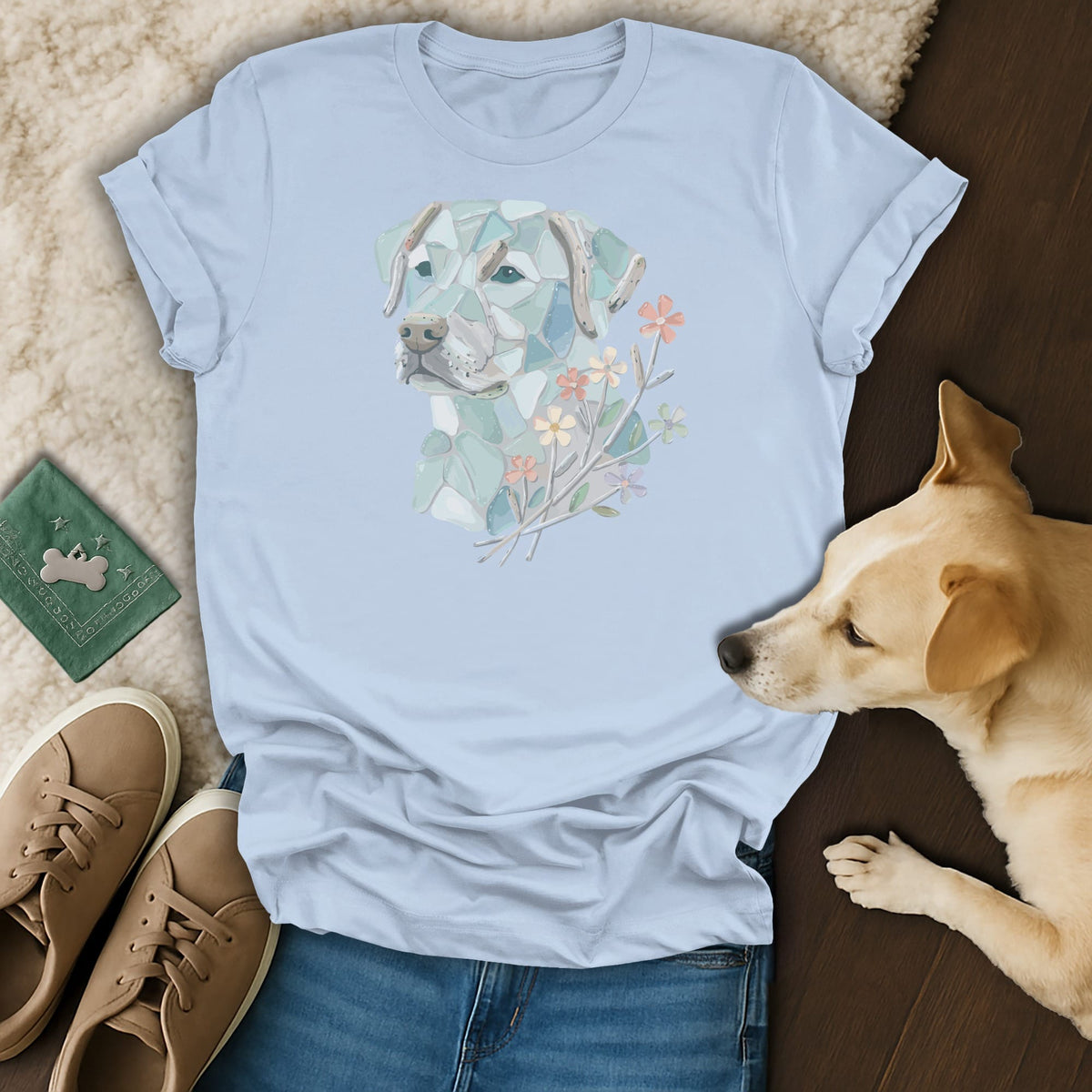 Light blue t-shirt with a mosaic dog portrait and flowers graphic.