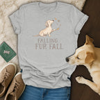 Light grey t-shirt with a dachshund illustration and text "FALLING FUR FALL".