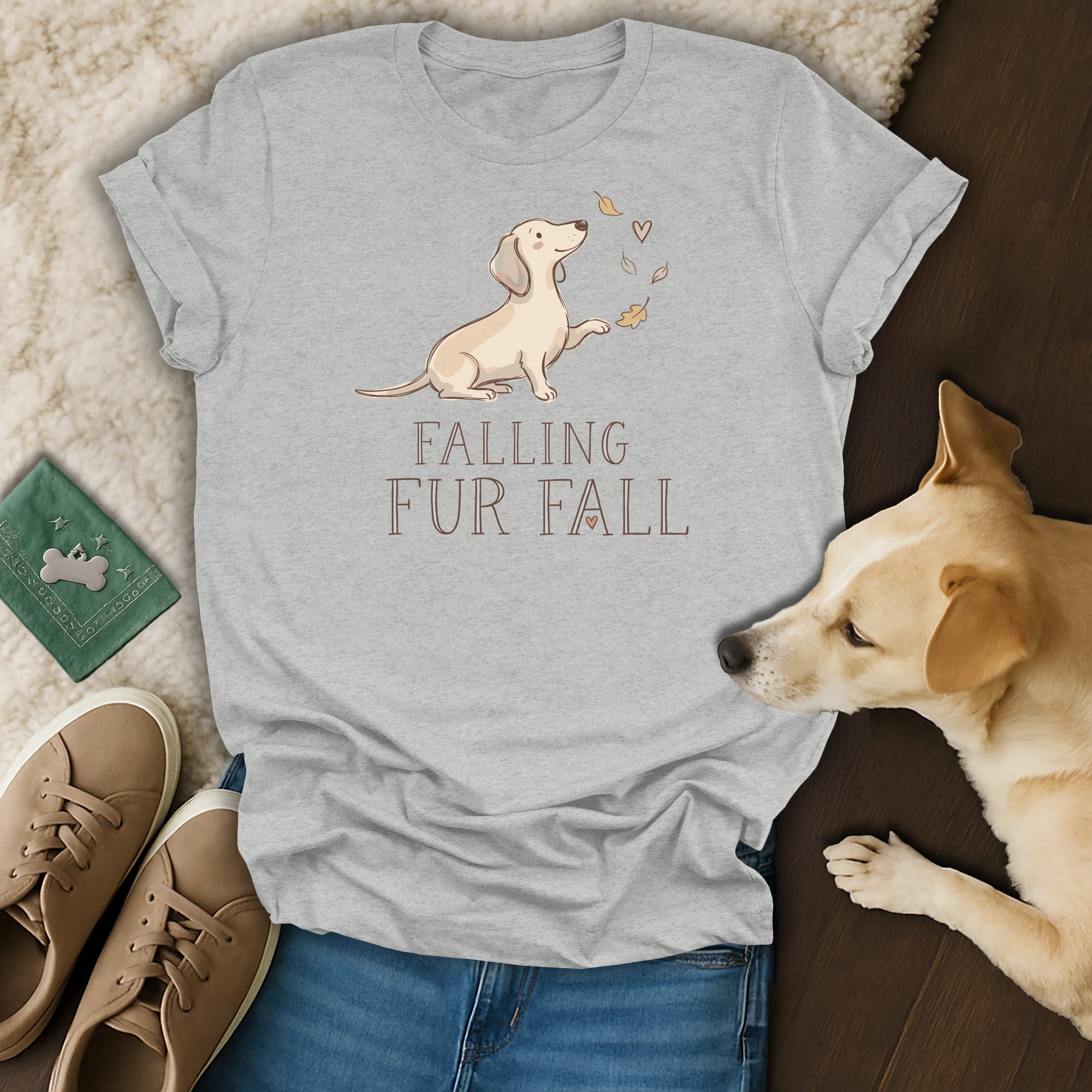 Light grey t-shirt with a dachshund illustration and text "FALLING FUR FALL".
