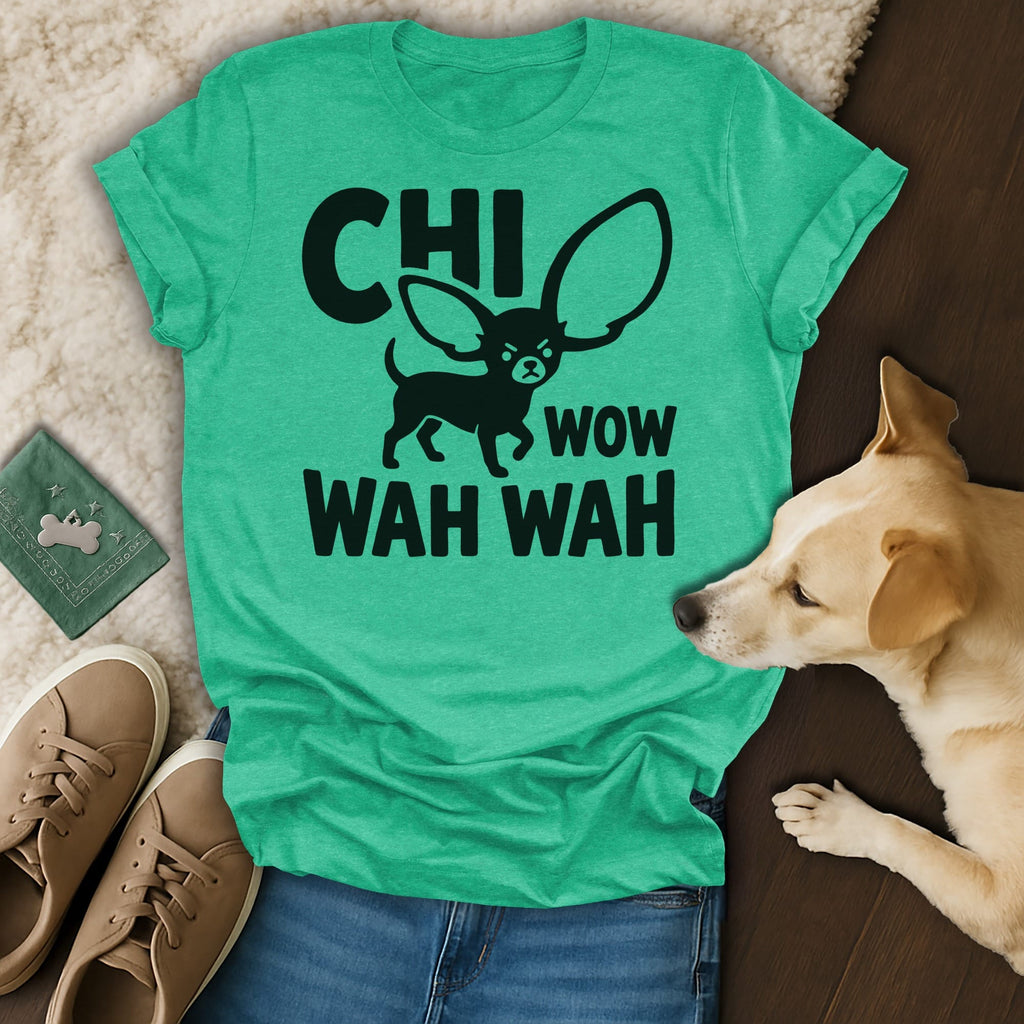 Green t-shirt with "CHI WOW WAH WAH" text and a chihuahua silhouette.