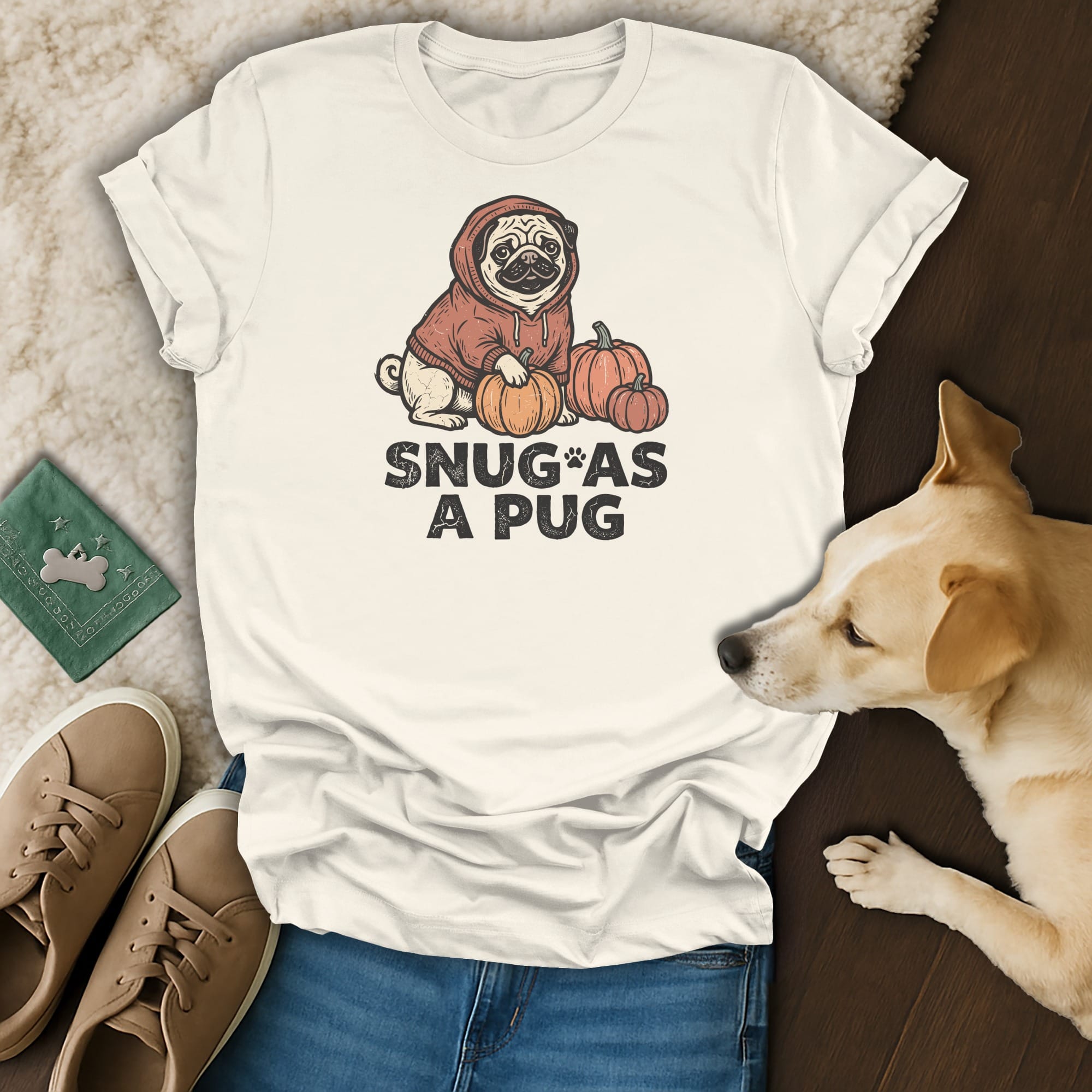 Cream t-shirt with "Snug as a Pug" text, featuring a pug and pumpkins.