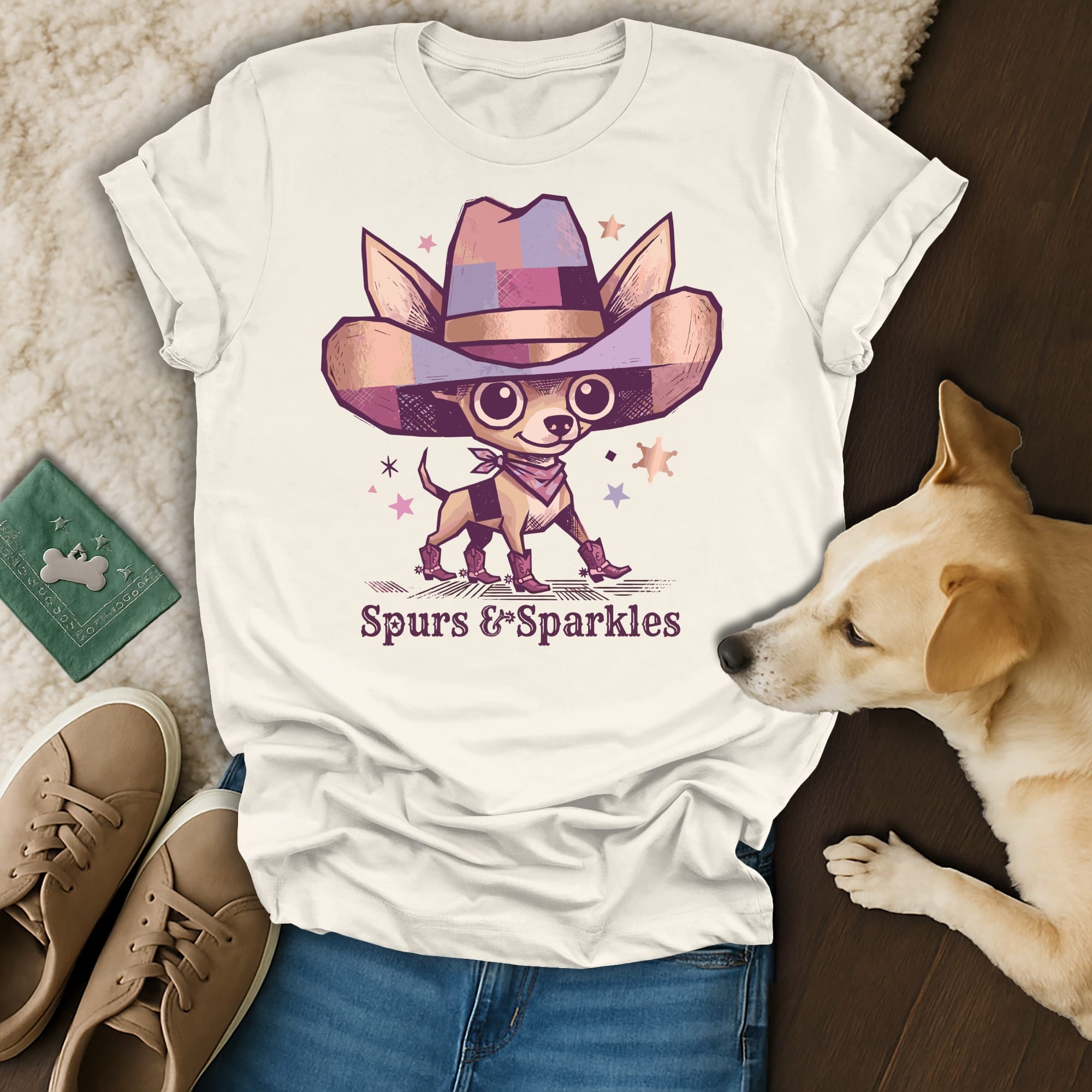 Chihuahua wearing a cowboy hat and boots, with "Spurs & Sparkles" text.