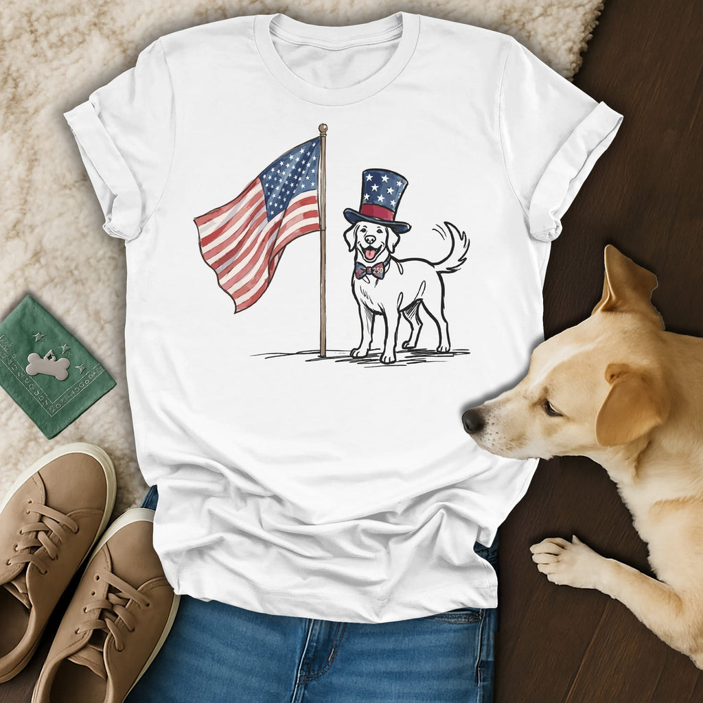 White t-shirt with dog wearing Uncle Sam hat and bow tie near American flag.