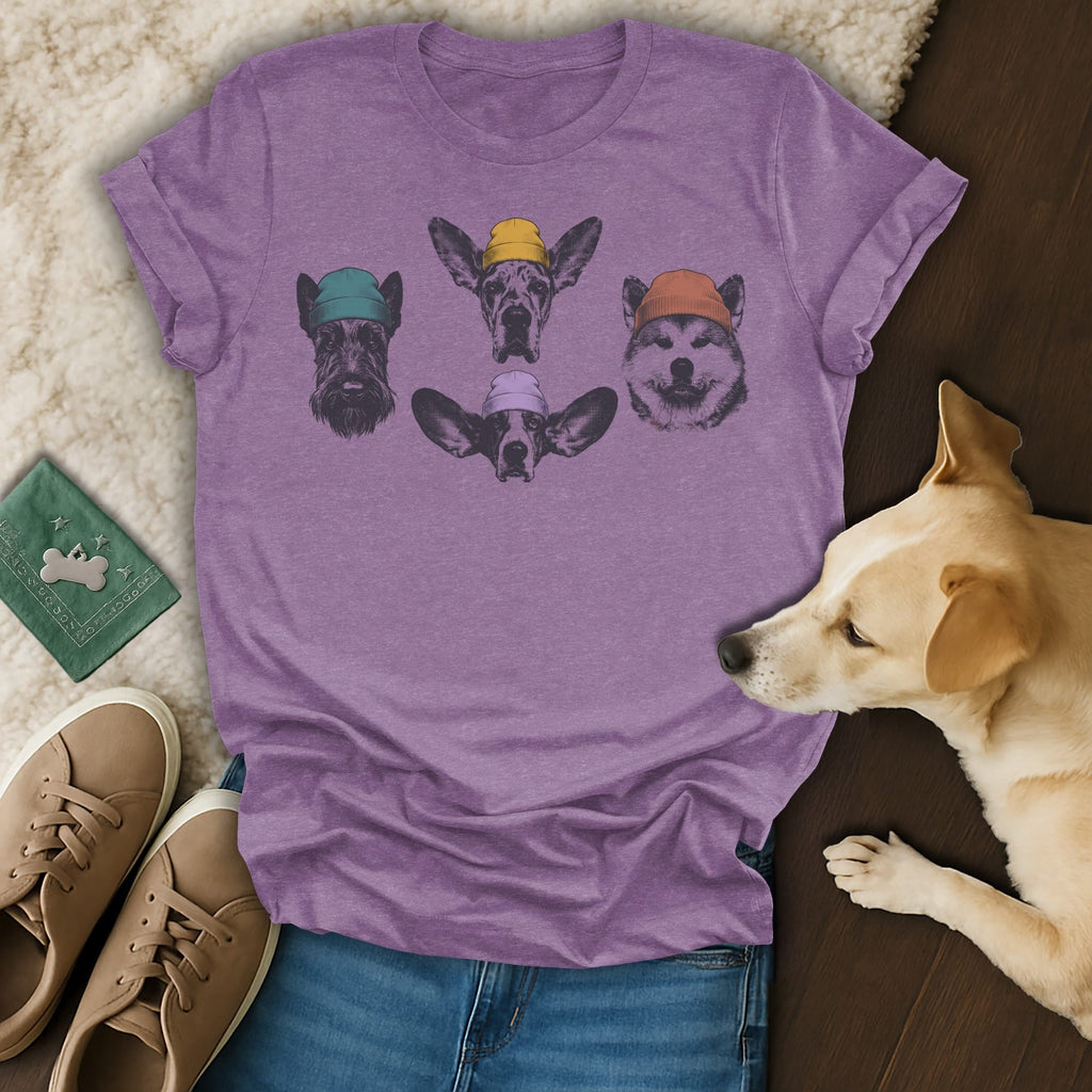 T-shirt with four dog faces wearing beanies and ear muffs.