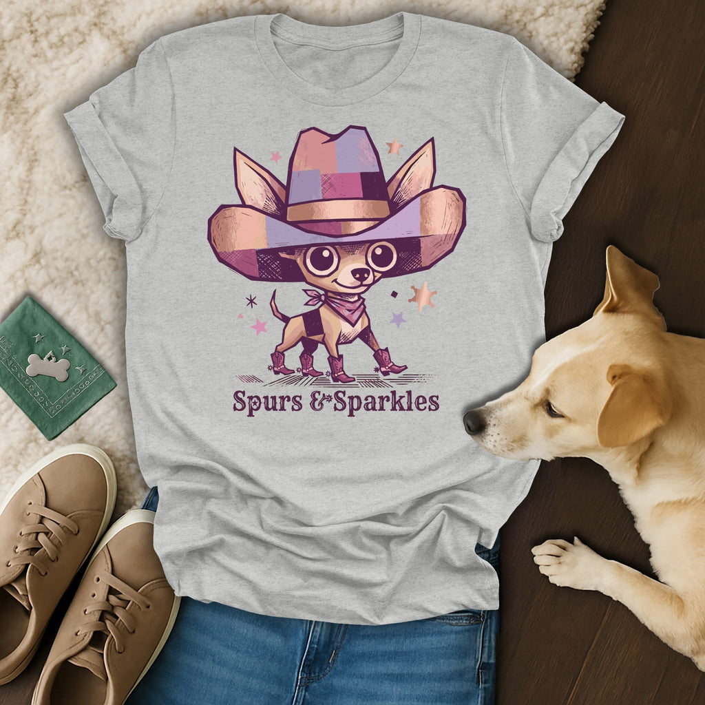 Gray t-shirt with a chihuahua in a cowboy hat and boots, with text "Spurs & Sparkles".