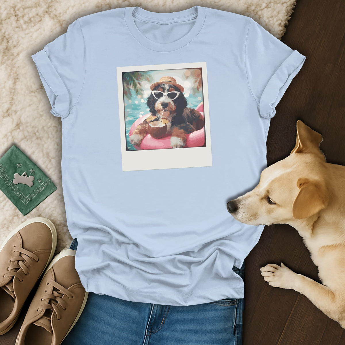 Light blue t-shirt featuring a polaroid graphic of a dog wearing a hat and sunglasses on an inflatable.