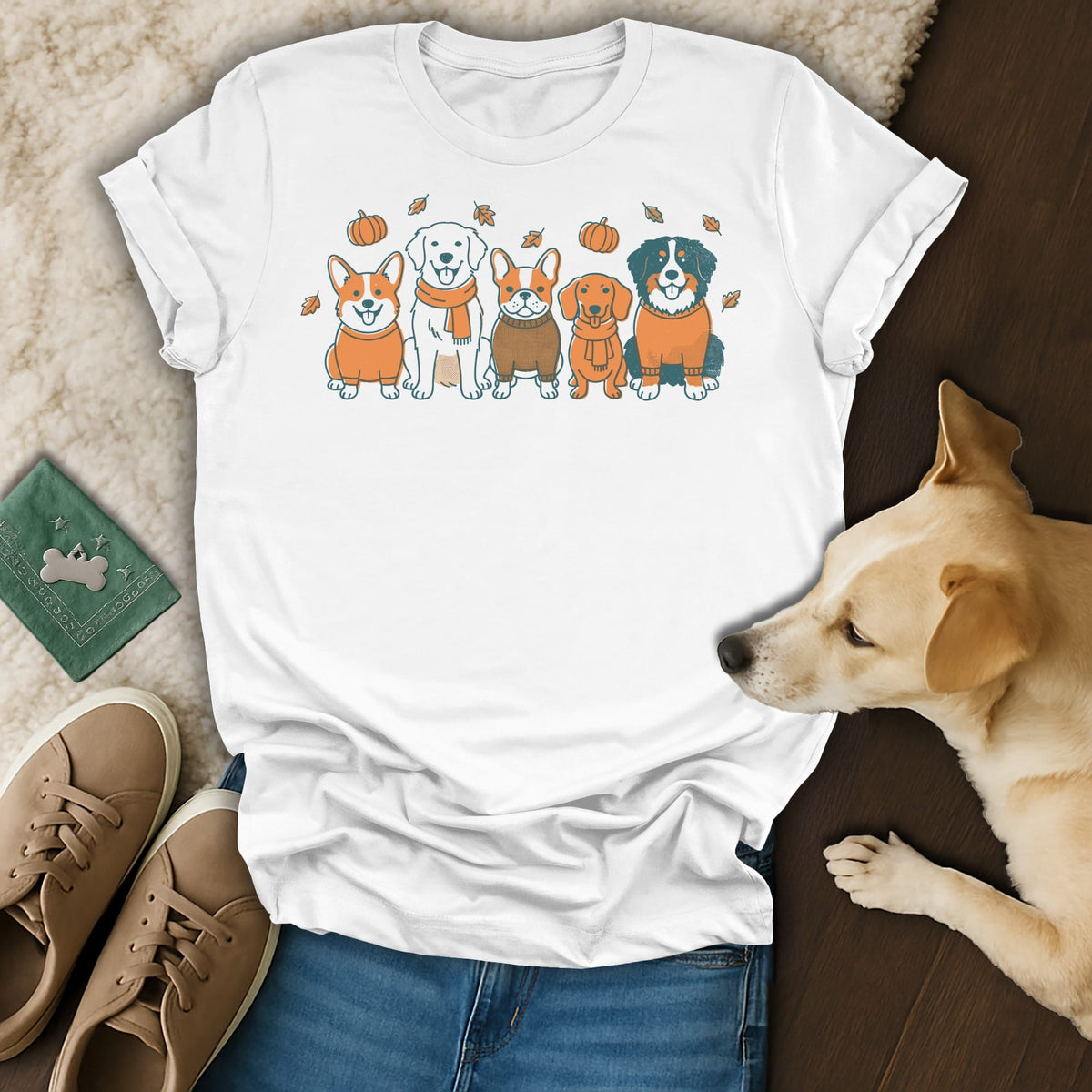 White t-shirt with illustration of five dogs and autumn leaves.
