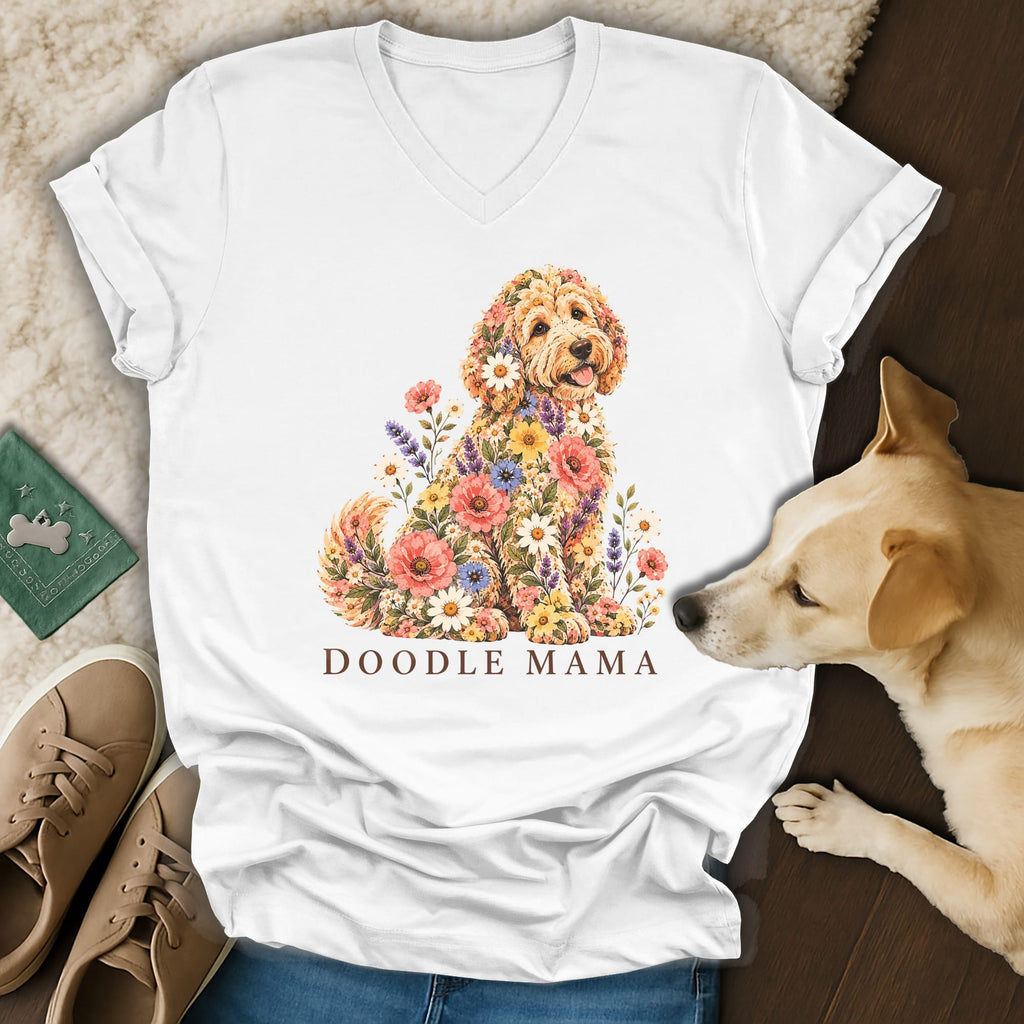 A white V-neck t-shirt displays a floral doodle dog graphic with the text DOODLE MAMA below.