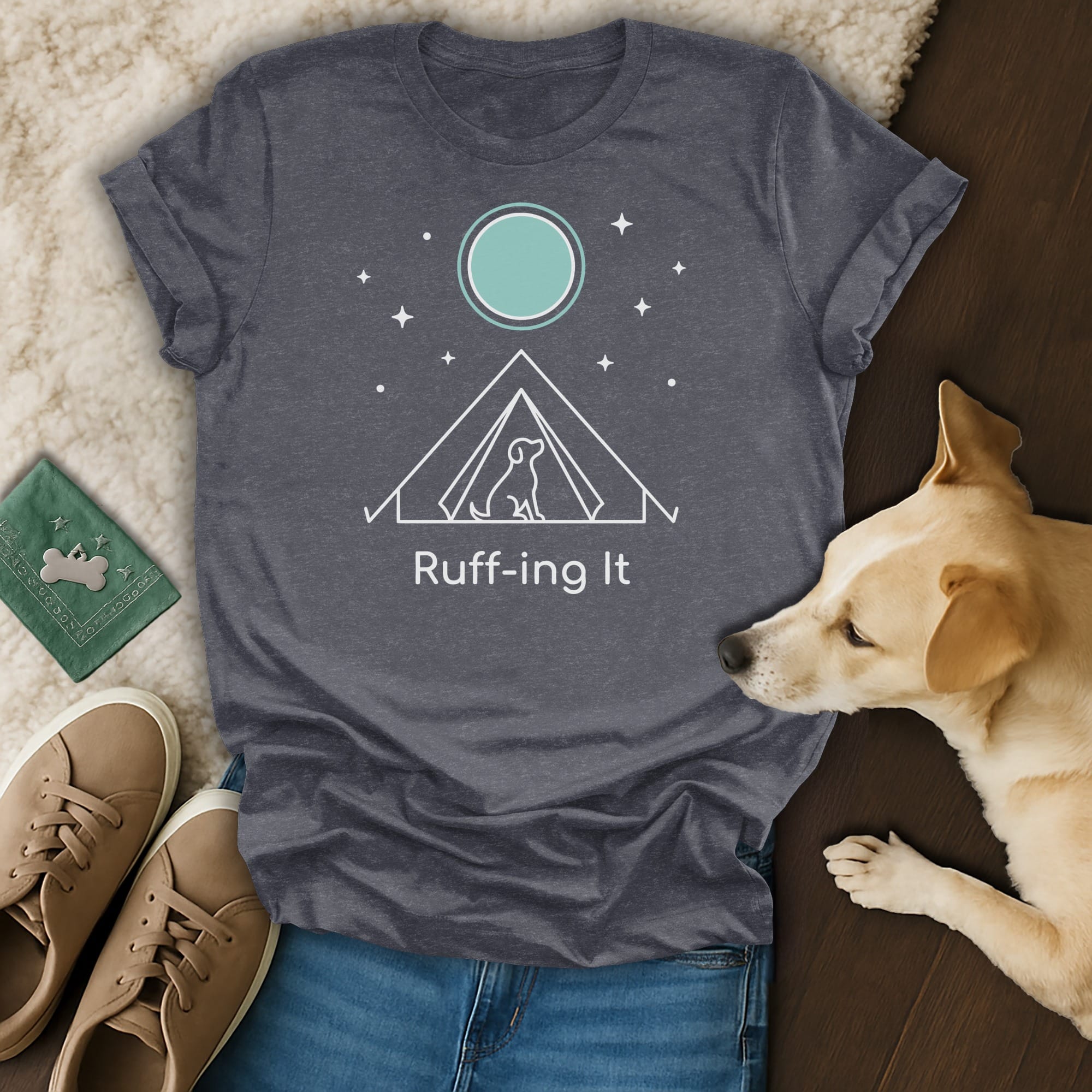 Dark heather t-shirt with a tent, dog, and moon graphic. "Ruff-ing It" text.