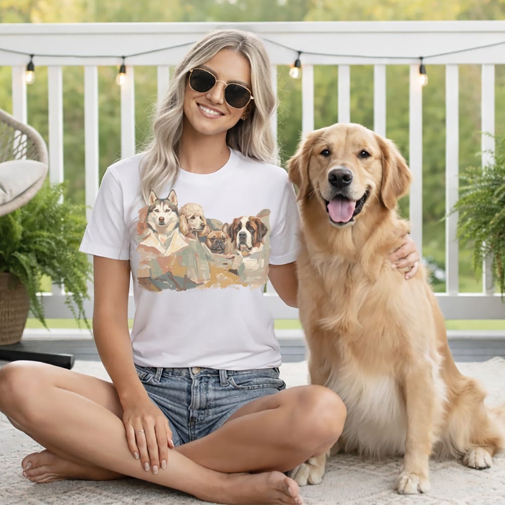 Woman wearing a t-shirt with a watercolor dog print, sitting with a Golden Retriever.