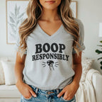 Light grey v-neck t-shirt with "BOOP RESPONSIBLY" and cat nose graphic.