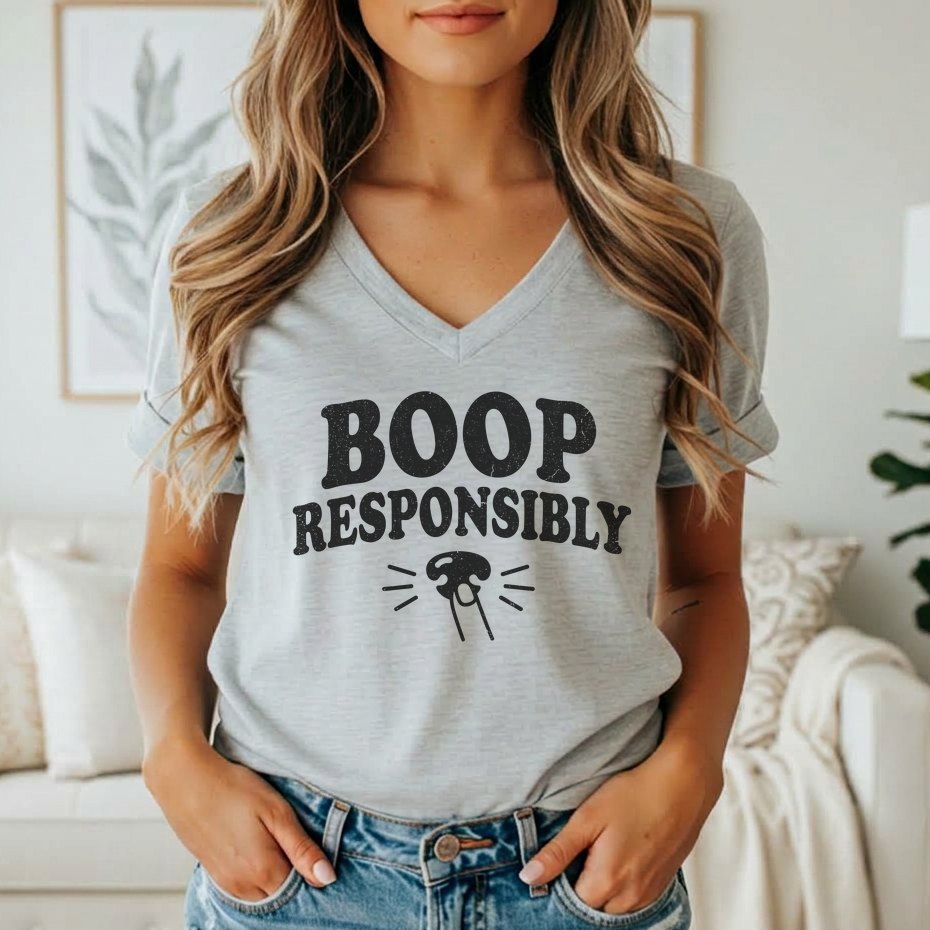 Light grey v-neck t-shirt with "BOOP RESPONSIBLY" and cat nose graphic.