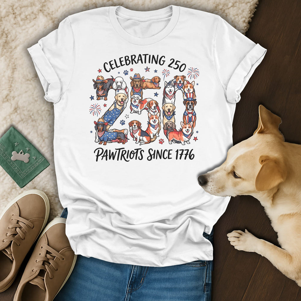 T-shirt with dogs in patriotic outfits celebrating 250 Pawtriots Since 1776.