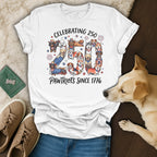 T-shirt with dogs in patriotic outfits celebrating 250 Pawtriots Since 1776.