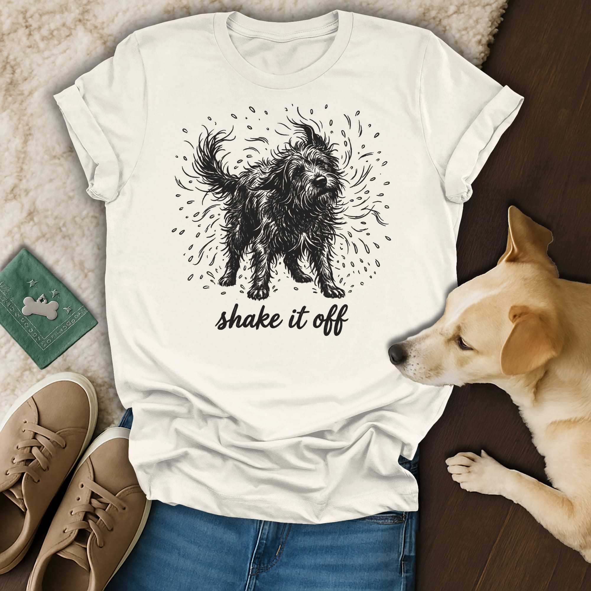 White t-shirt with black line drawing of a wet, shaggy dog shaking off water.