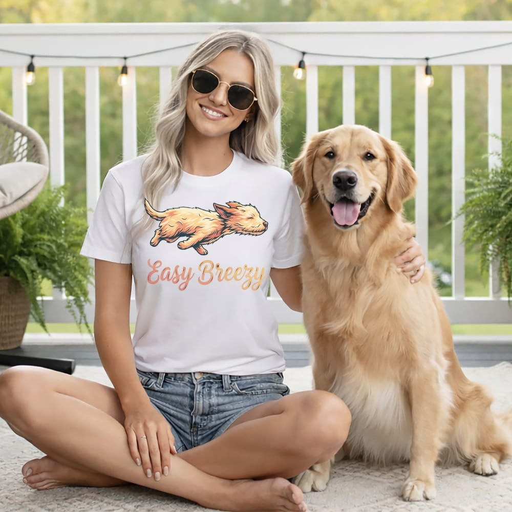 Woman wearing a white t-shirt with a cartoon dog and "Easy Breezy" text sits with golden retriever.