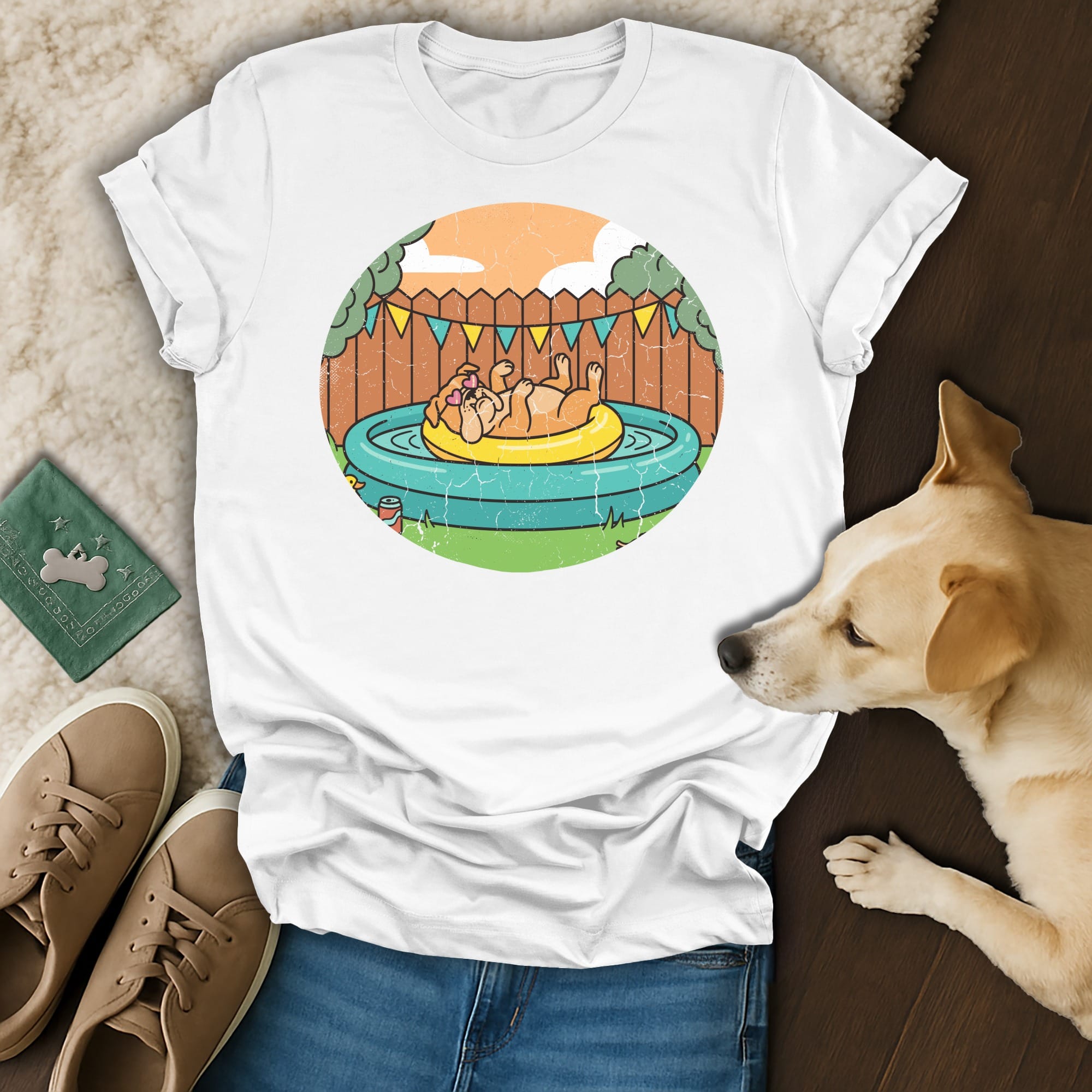 Graphic tee with a dog lounging in a kiddie pool.