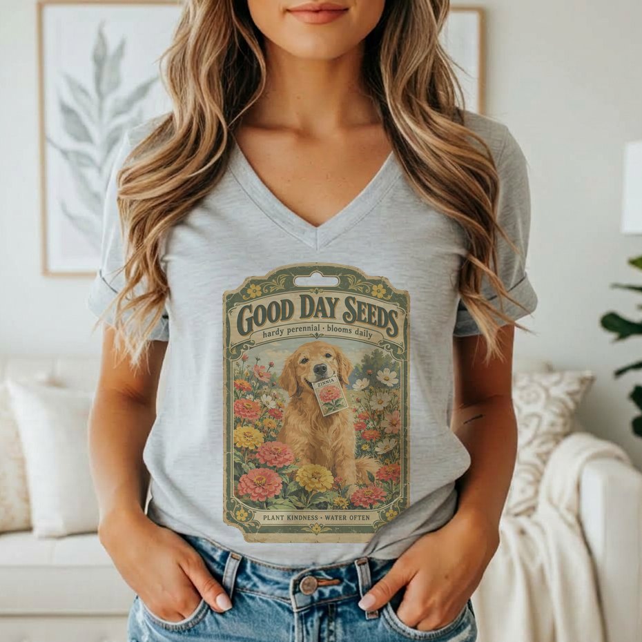 A woman wearing a gray v-neck t-shirt featuring a vintage botanical seed packet graphic with a golden retriever.