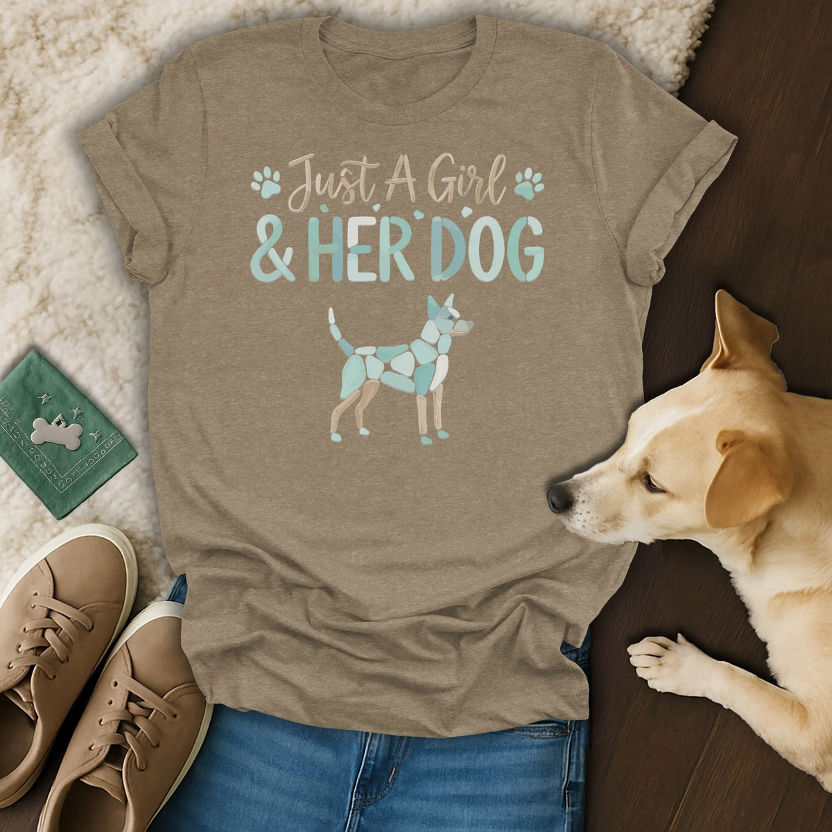 Brown t-shirt with "Just A Girl & HER DOG" text and abstract dog graphic.