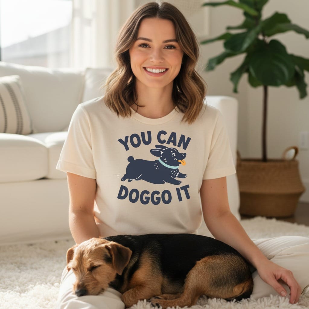 Cream t-shirt with blue text that says "YOU CAN DOGGO IT" and a cartoon dog.
