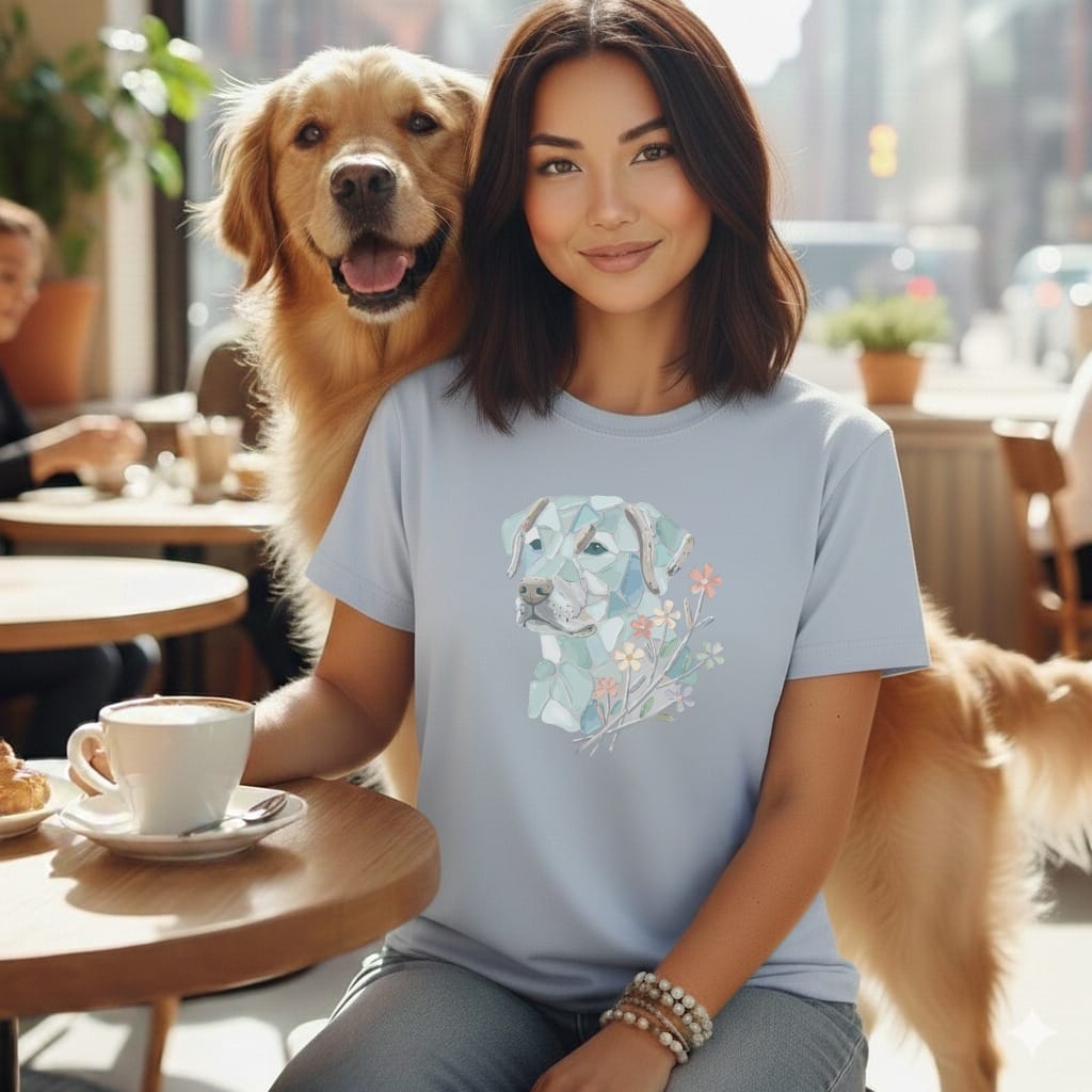 Woman wearing light blue t-shirt with geometric dog graphic and flowers, sitting with golden retriever.