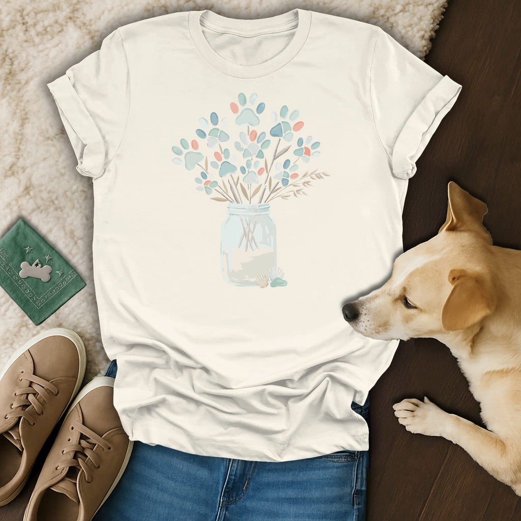 Cream t-shirt with a watercolor floral bouquet of paw prints in a glass jar.