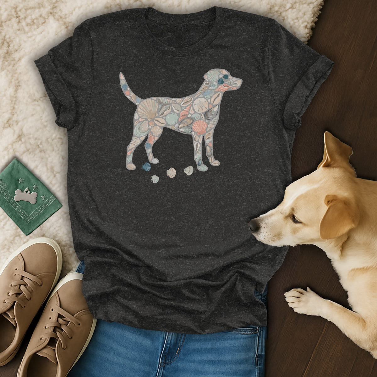 Dark t-shirt with a dog outline filled with seashells and three shells on the ground.