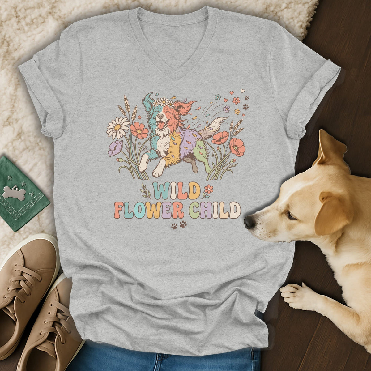 Grey t-shirt with a colorful dog and "WILD FLOWER CHILD" text.
