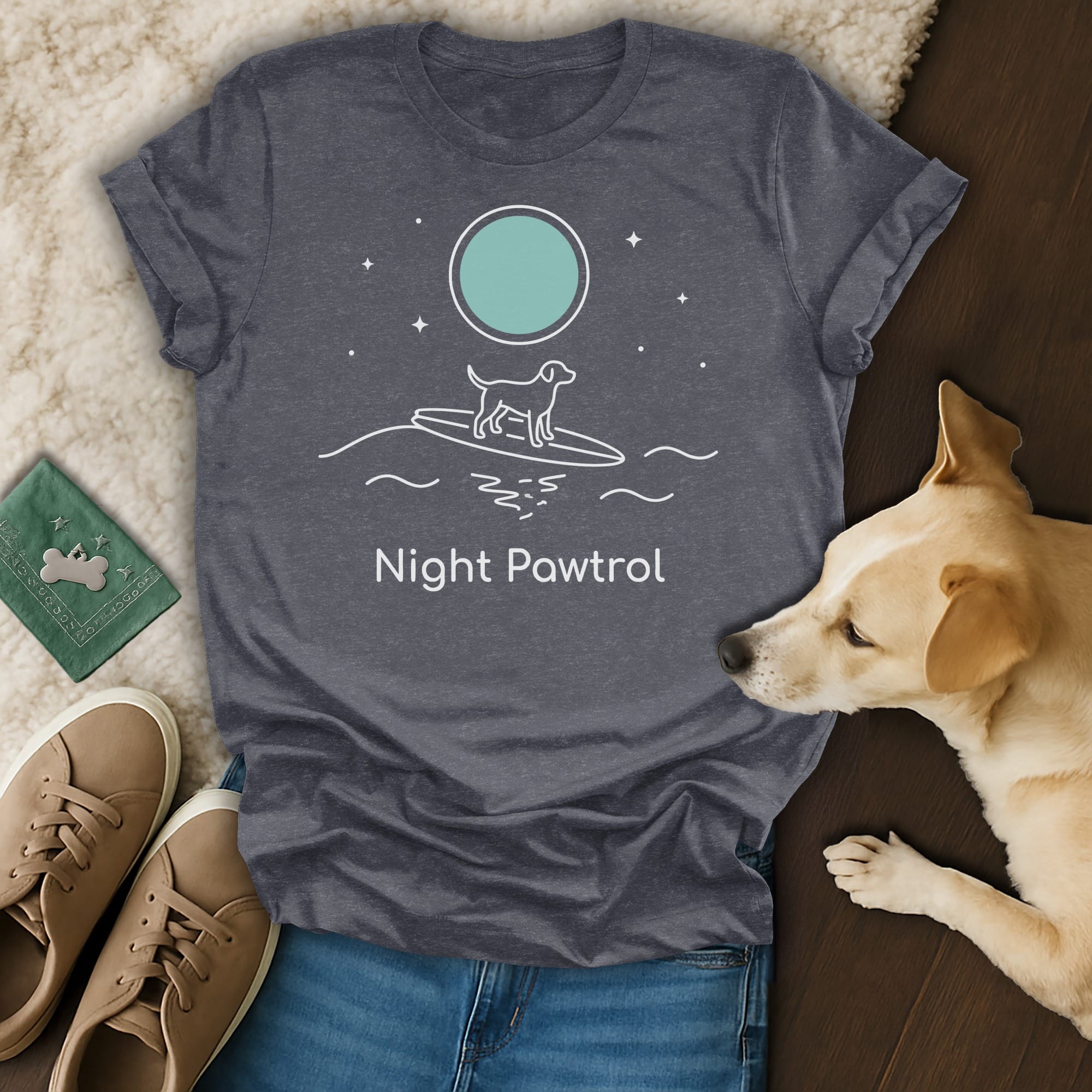 Dark gray t-shirt with "Night Patrol" text and dog on surfboard graphic.