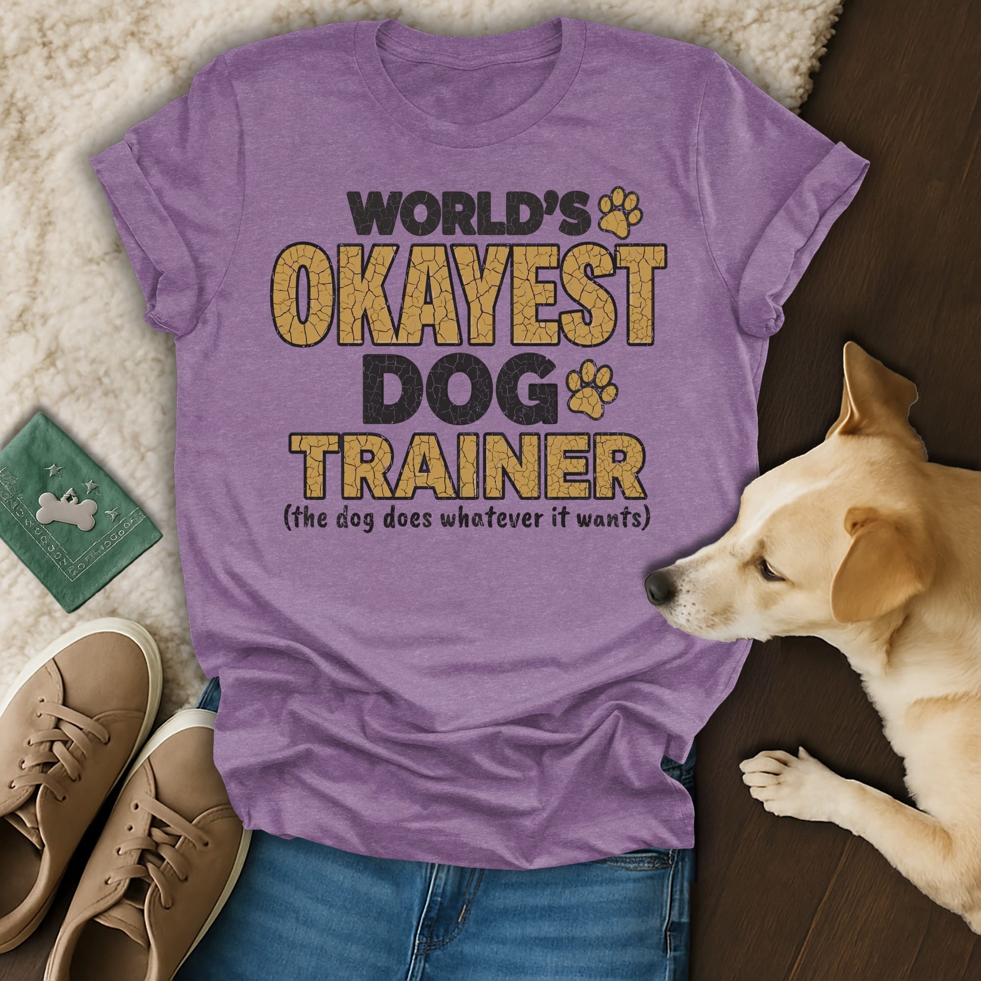 Purple t-shirt with "World's Okayest Dog Trainer" text and a dog.