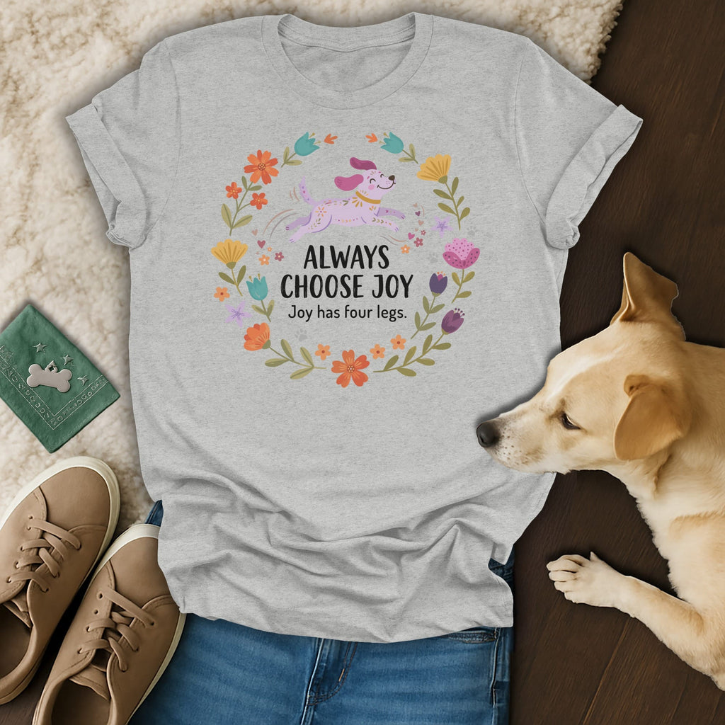 Grey t-shirt with a floral wreath, running dog, and text "ALWAYS CHOOSE JOY Joy has four legs."
