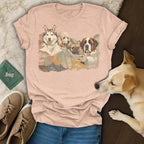 T-shirt with watercolor painting of husky, poodle, and bulldog.