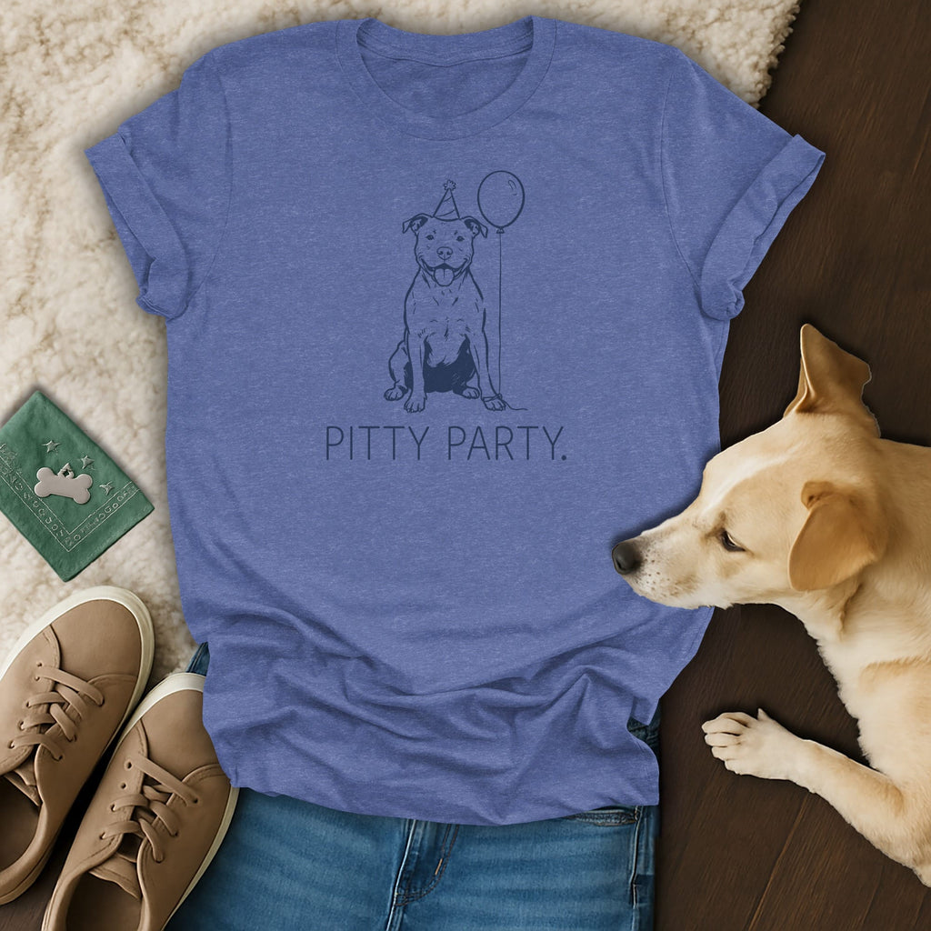 Blue t-shirt with a line drawing of a dog in a party hat with a balloon and "PITTY PARTY." text.