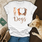 White t-shirt with watercolor dogs forming a heart and the word "Dogs".