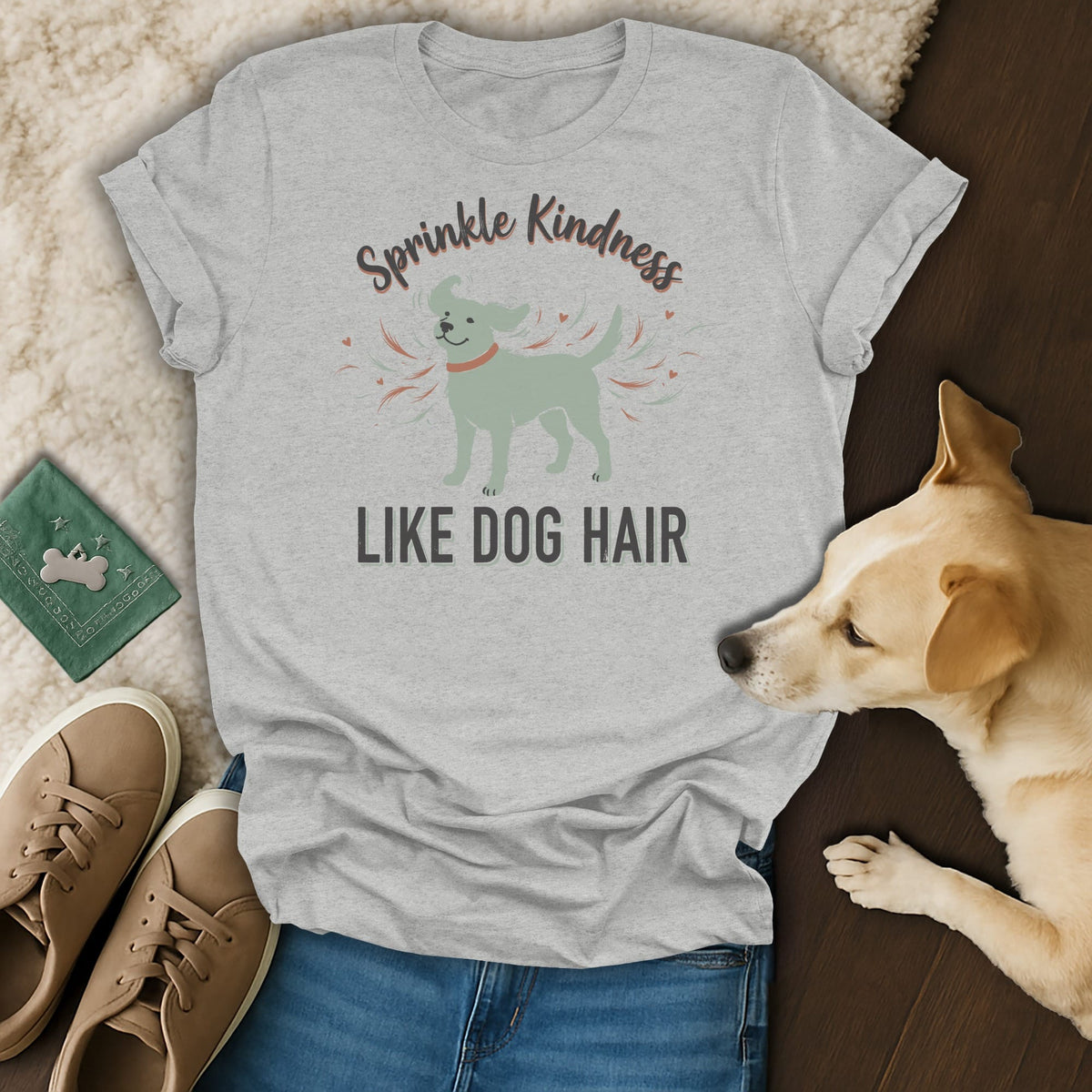 Light gray t-shirt with a mint green dog graphic and text "Sprinkle Kindness Like Dog Hair".
