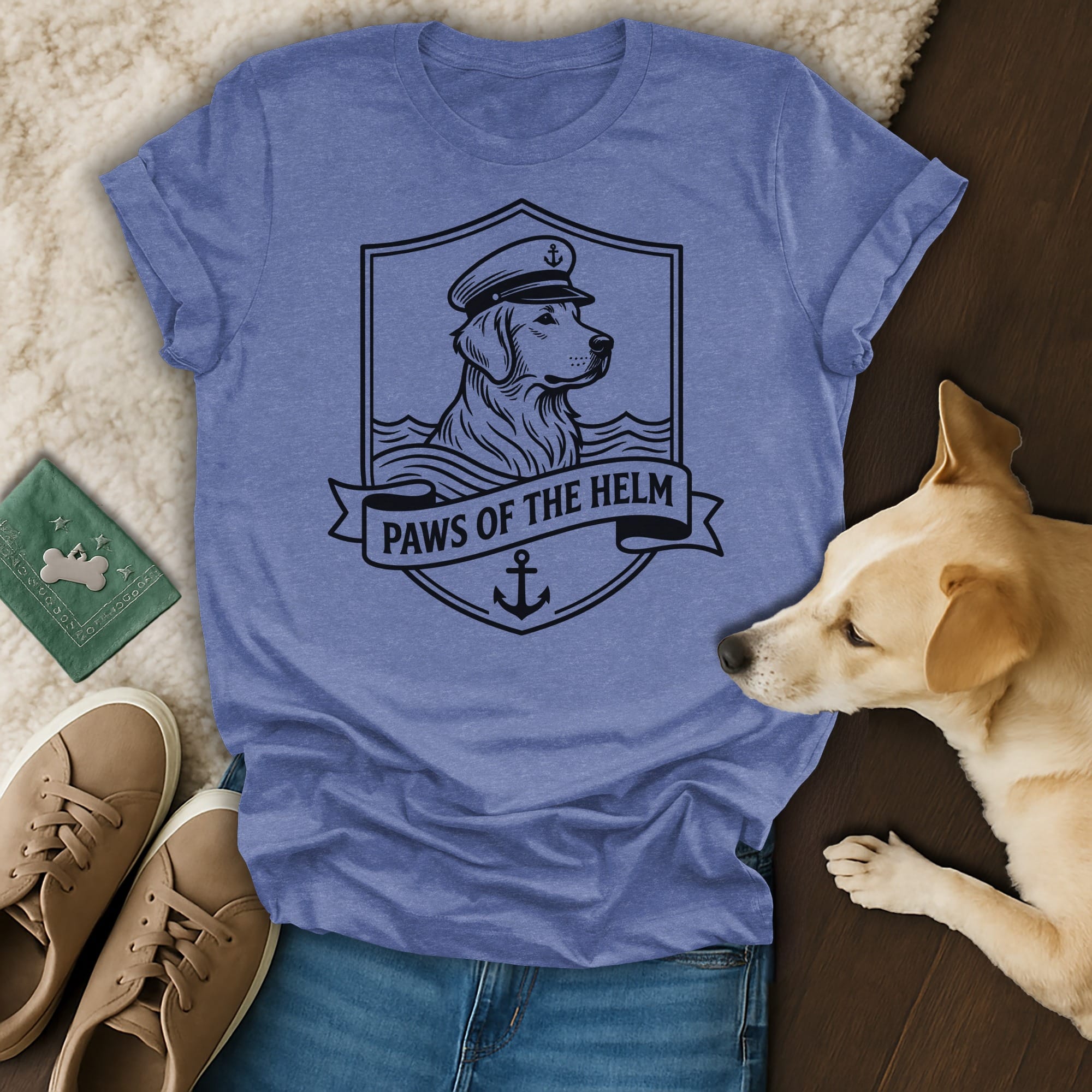 Golden retriever wearing captain's hat on shield with "Paws of the Helm" text.
