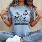 Line drawing of a dog pulling a person on a leash with text.