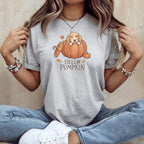 Light grey t-shirt with a dog in a pumpkin illustration and "HELLO PUMPKIN" text.