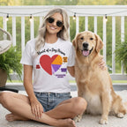 White t-shirt with "Heart of a Dog Person" text and a pie chart.