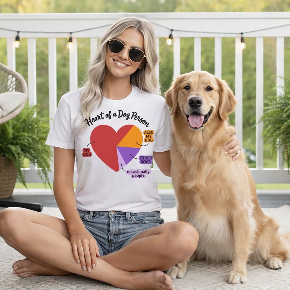 White t-shirt with "Heart of a Dog Person" text and a pie chart.