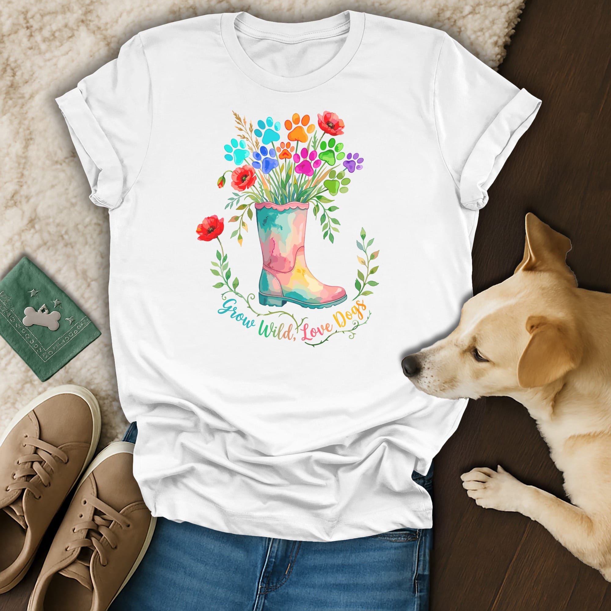 White t-shirt with watercolor print of a boot filled with colorful paw prints and flowers.