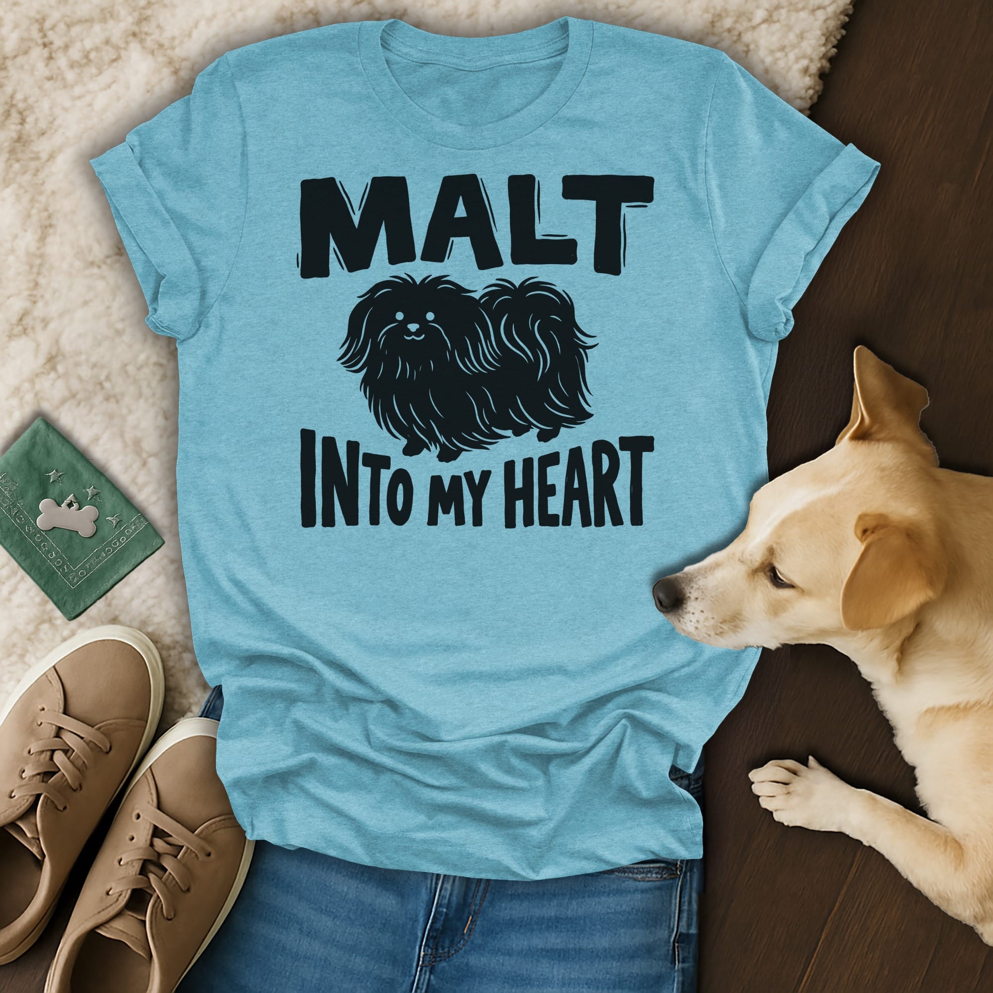 Light blue t-shirt with "MALT INTO MY HEART" and a dog silhouette.